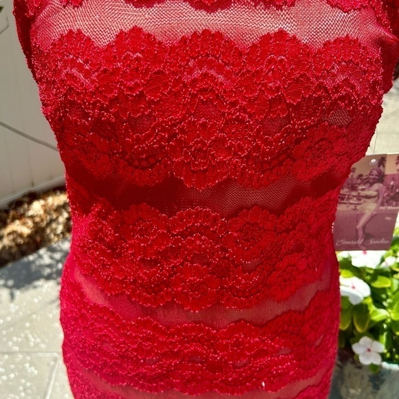 ❤️🧡”Emerald Sundae” NWT Bodycon Red Lace/Mesh Fully Lined MIDI Dress Size L❤️🧡 - Picture 4 of 14